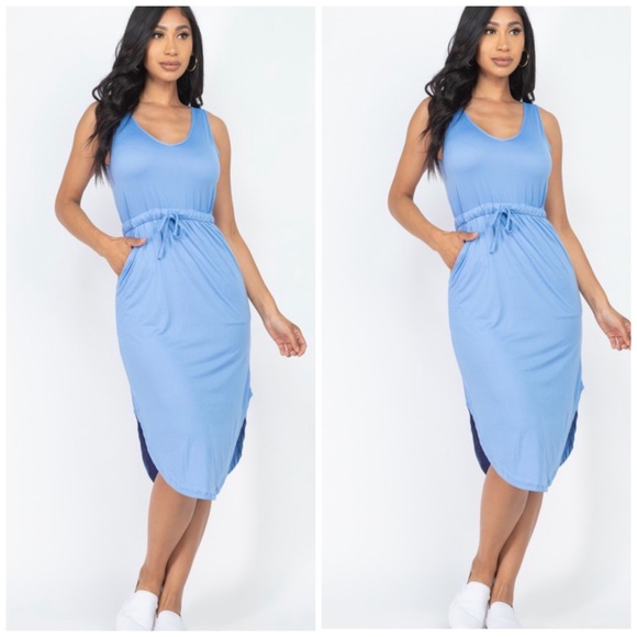 Drawstring midi dress in flamingo or cloud blue - Picture 5 of 5